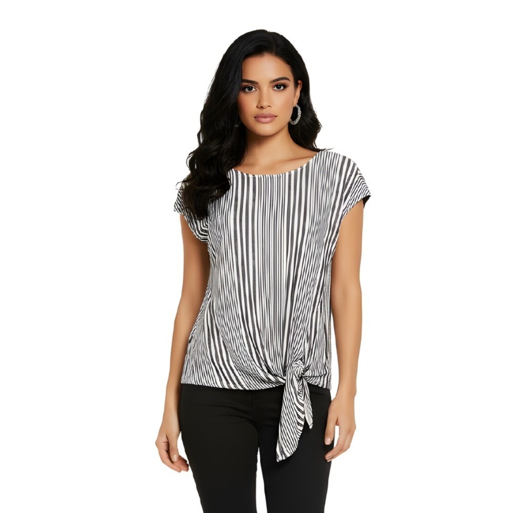 Max Studio Women's Striped Short Sleeve Side Tie Blouse‎ Black White Size M